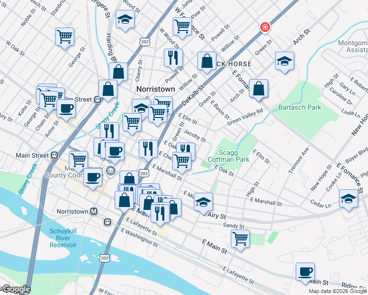 map of restaurants, bars, coffee shops, grocery stores, and more near 229 E Oak St in Norristown