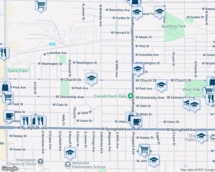 map of restaurants, bars, coffee shops, grocery stores, and more near 1012 West Park Avenue in Champaign