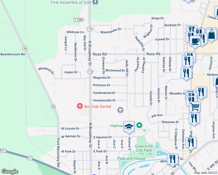 map of restaurants, bars, coffee shops, grocery stores, and more near 743 Primrose Drive in Greenville