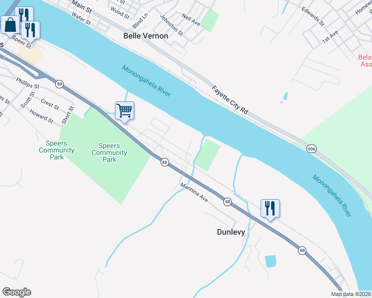 map of restaurants, bars, coffee shops, grocery stores, and more near 15 Walnut Street in Dunlevy