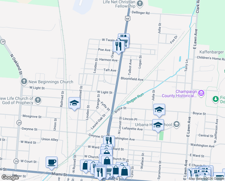 map of restaurants, bars, coffee shops, grocery stores, and more near 800 North Main Street in Urbana