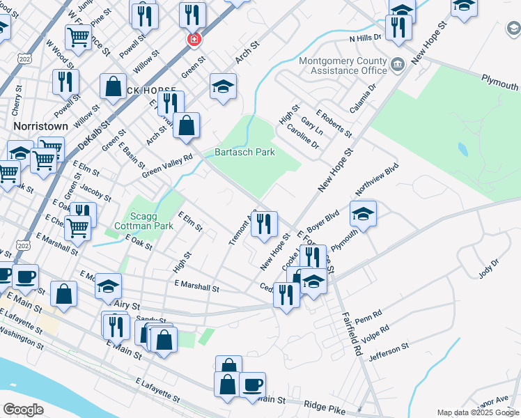 map of restaurants, bars, coffee shops, grocery stores, and more near 700 East Fornance Street in Norristown