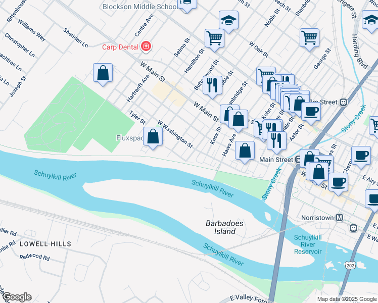 map of restaurants, bars, coffee shops, grocery stores, and more near 23 Stanbridge Street in Norristown