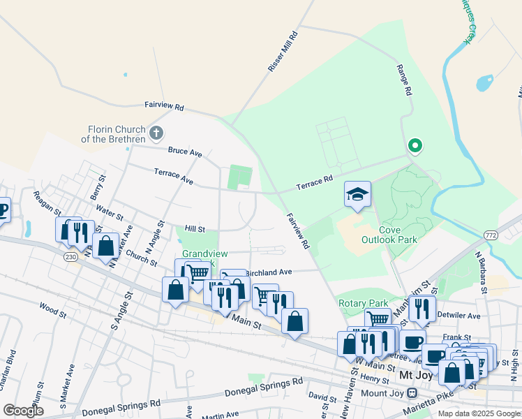 map of restaurants, bars, coffee shops, grocery stores, and more near 324 Hill Street in Mount Joy
