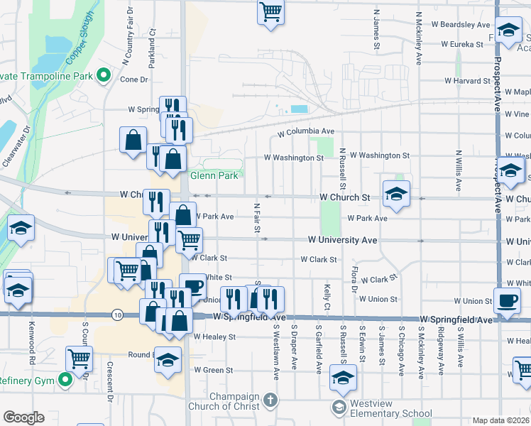 map of restaurants, bars, coffee shops, grocery stores, and more near 1518 West Park Avenue in Champaign
