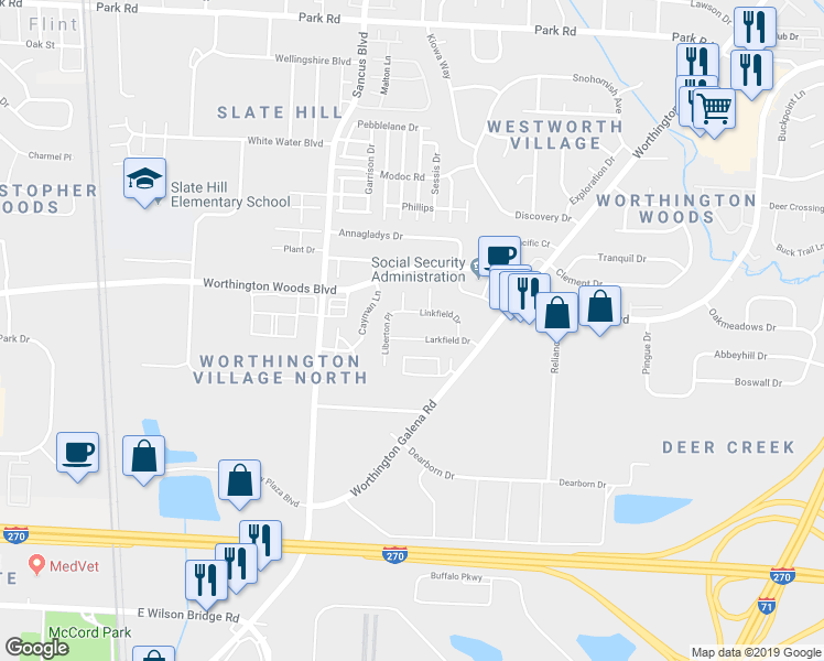 map of restaurants, bars, coffee shops, grocery stores, and more near 908 Larkfield Drive in Worthington