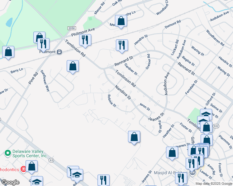 map of restaurants, bars, coffee shops, grocery stores, and more near 10838 Nandina Lane in Philadelphia