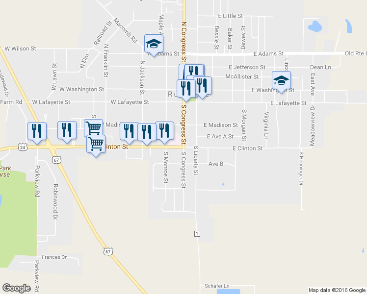 map of restaurants, bars, coffee shops, grocery stores, and more near 200 West Clinton Street in Rushville