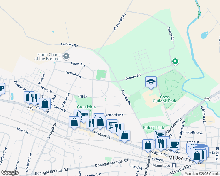 map of restaurants, bars, coffee shops, grocery stores, and more near 324 Hill Street in Mount Joy