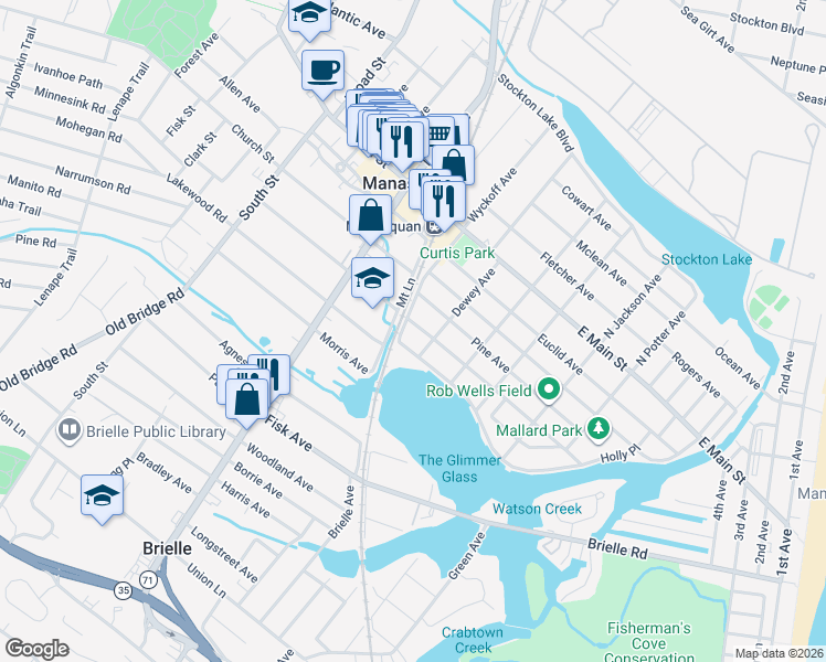 map of restaurants, bars, coffee shops, grocery stores, and more near 264 Perrine Boulevard in Manasquan