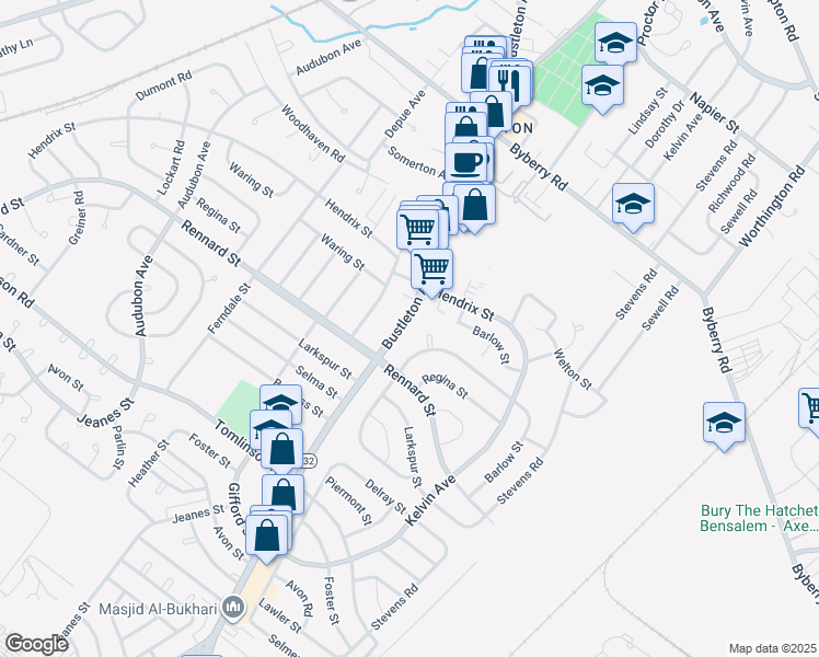 map of restaurants, bars, coffee shops, grocery stores, and more near 11616 Proctor Place in Philadelphia