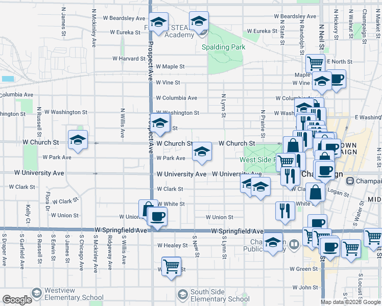 map of restaurants, bars, coffee shops, grocery stores, and more near 203 North New Street in Champaign