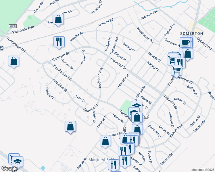map of restaurants, bars, coffee shops, grocery stores, and more near 11200 Jeanes Street in Philadelphia