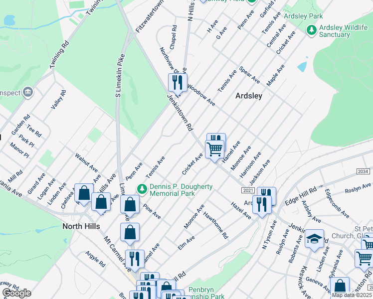 map of restaurants, bars, coffee shops, grocery stores, and more near 510 Central Avenue in Glenside