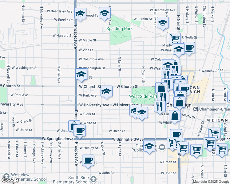 map of restaurants, bars, coffee shops, grocery stores, and more near 606 West Park Avenue in Champaign