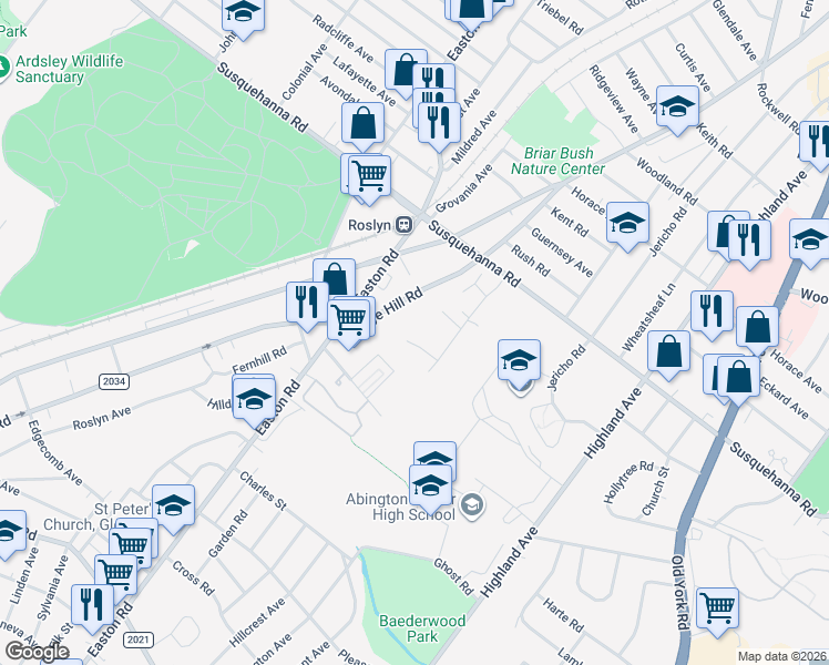 map of restaurants, bars, coffee shops, grocery stores, and more near 2185 Schaeffer Road in Abington