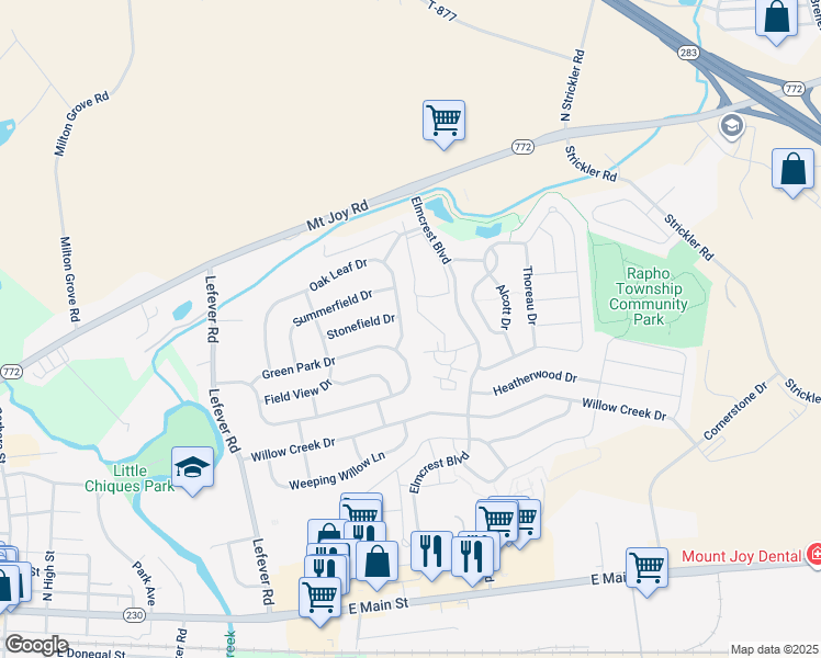 map of restaurants, bars, coffee shops, grocery stores, and more near 5373 Oak Leaf Drive in Mount Joy
