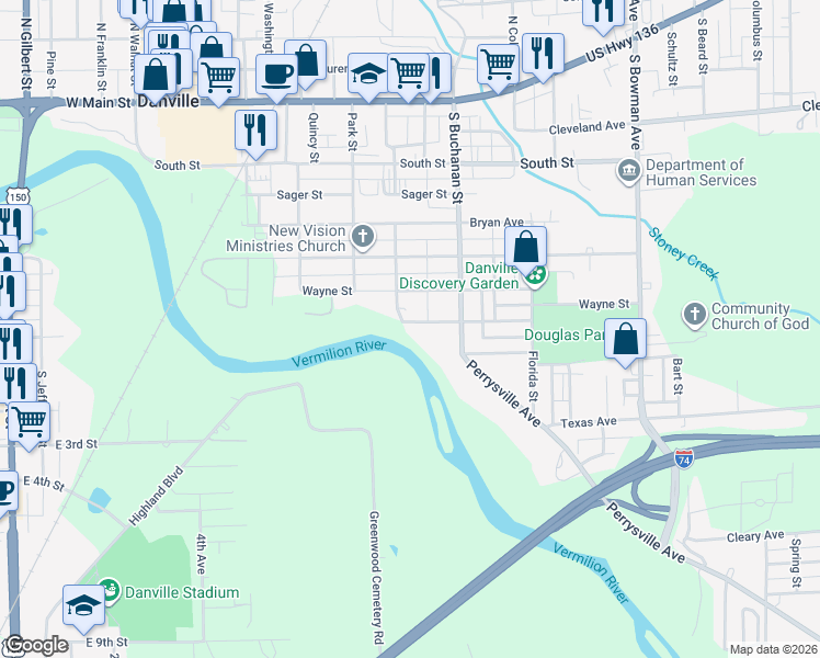 map of restaurants, bars, coffee shops, grocery stores, and more near 606 Douglas Avenue in Danville