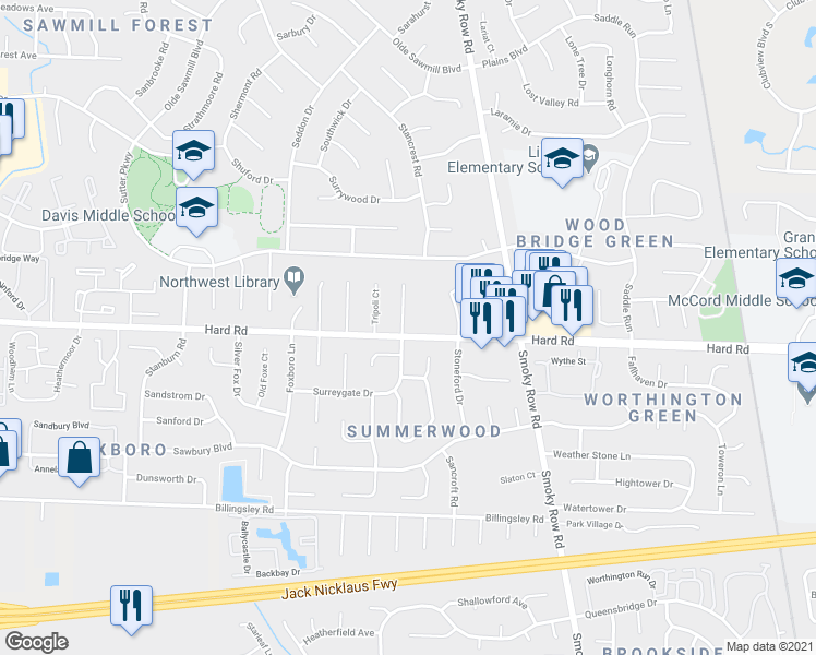 map of restaurants, bars, coffee shops, grocery stores, and more near 7692 Schoolway Court in Dublin