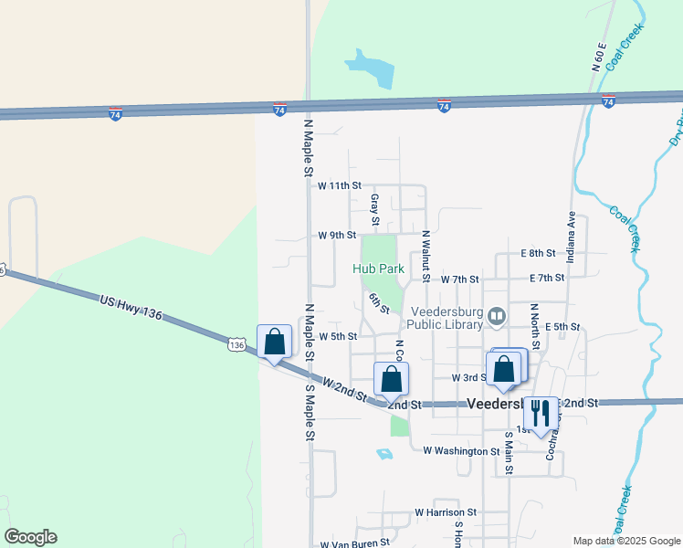 map of restaurants, bars, coffee shops, grocery stores, and more near 705 Commercial Street in Veedersburg