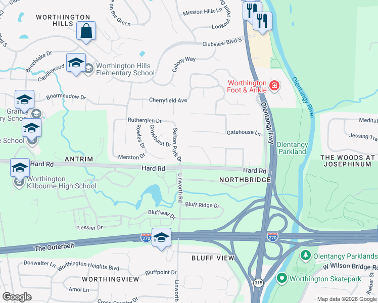 map of restaurants, bars, coffee shops, grocery stores, and more near 7529 Ravens Nest Court in Columbus