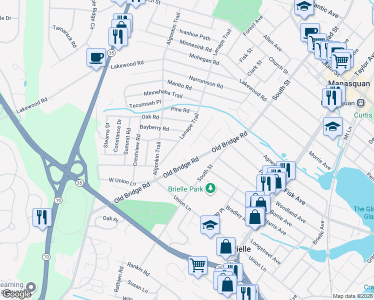map of restaurants, bars, coffee shops, grocery stores, and more near 2 Lebanon Drive in Brielle