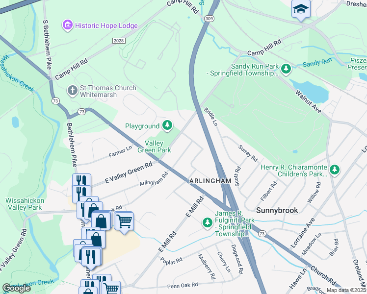 map of restaurants, bars, coffee shops, grocery stores, and more near 605 Arlingham Road in Flourtown