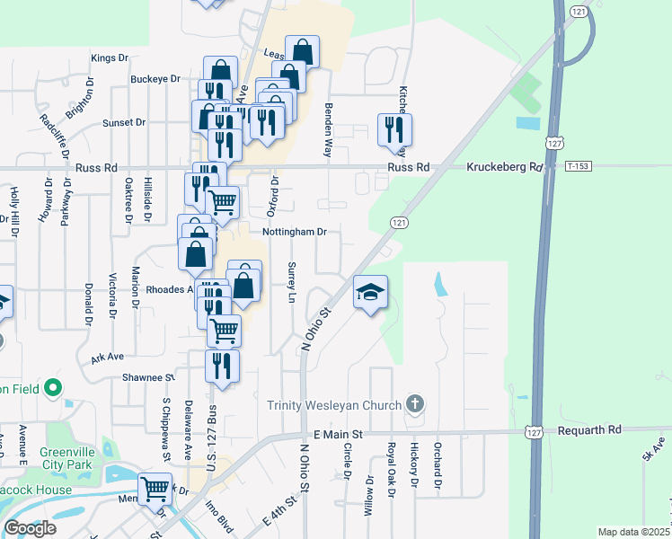 map of restaurants, bars, coffee shops, grocery stores, and more near 1526 Greenmoore Court in Greenville