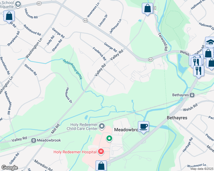 map of restaurants, bars, coffee shops, grocery stores, and more near 1922 Briarcliff Road in Jenkintown
