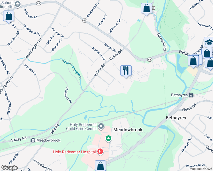 map of restaurants, bars, coffee shops, grocery stores, and more near 1922 Briarcliff Road in Jenkintown