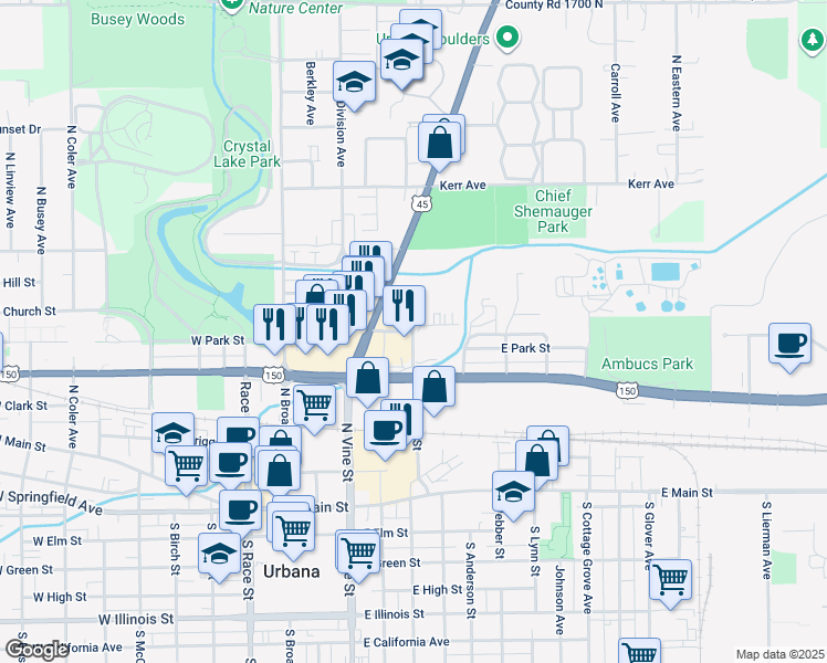 map of restaurants, bars, coffee shops, grocery stores, and more near 499 East Park Street in Urbana