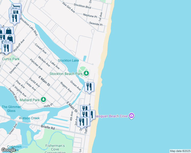 map of restaurants, bars, coffee shops, grocery stores, and more near 30 1st Avenue in Manasquan