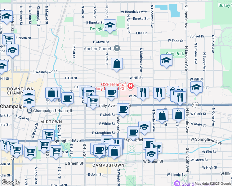 map of restaurants, bars, coffee shops, grocery stores, and more near 612 East Park Street in Champaign