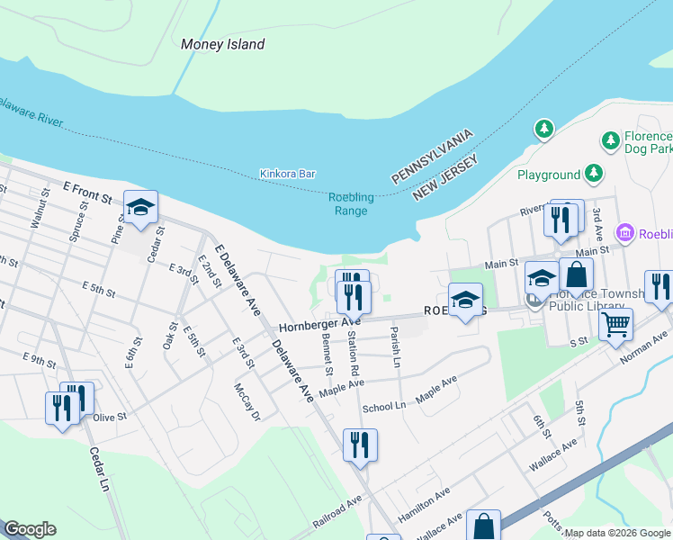 map of restaurants, bars, coffee shops, grocery stores, and more near 41 River Bank Drive in Florence