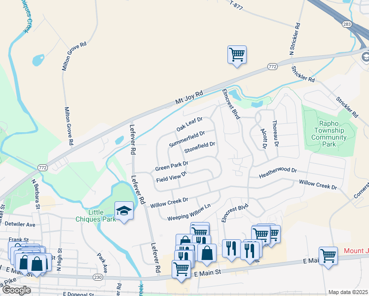map of restaurants, bars, coffee shops, grocery stores, and more near 5205 Stonefield Drive in Mount Joy