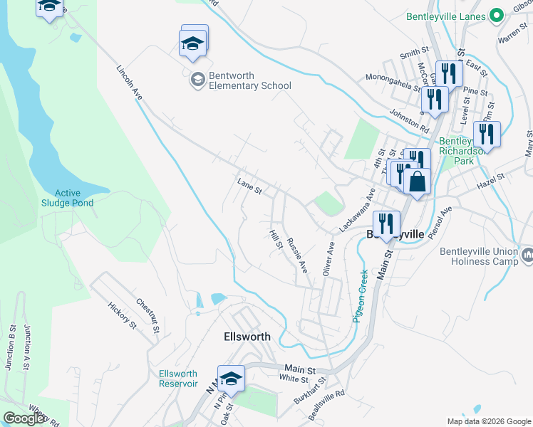 map of restaurants, bars, coffee shops, grocery stores, and more near 150 Hill Street in Bentleyville