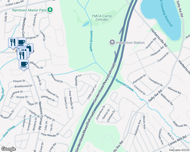 map of restaurants, bars, coffee shops, grocery stores, and more near 148 Maypink Lane in Howell Township