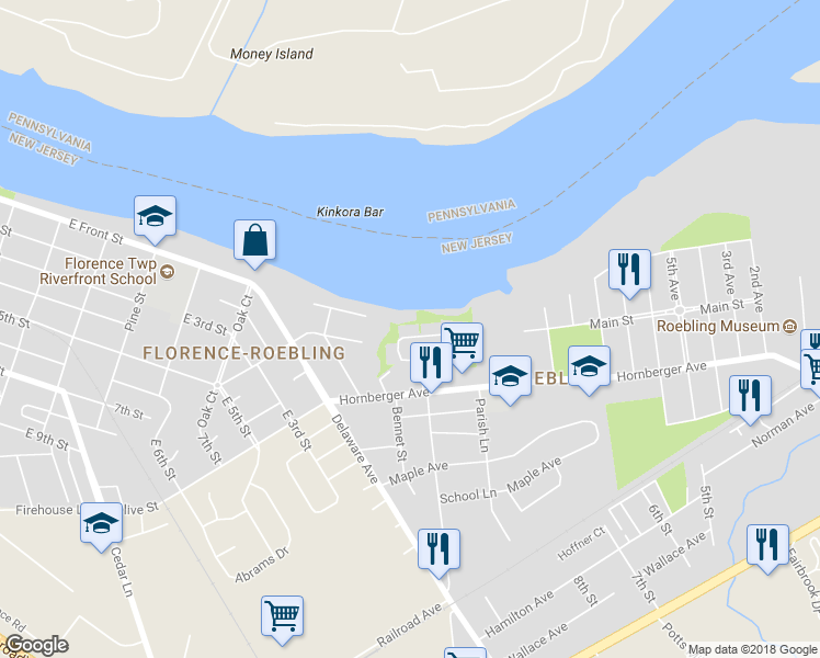 map of restaurants, bars, coffee shops, grocery stores, and more near 41 River Bank Drive in Florence Township