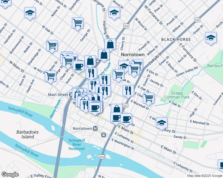 map of restaurants, bars, coffee shops, grocery stores, and more near in Norristown