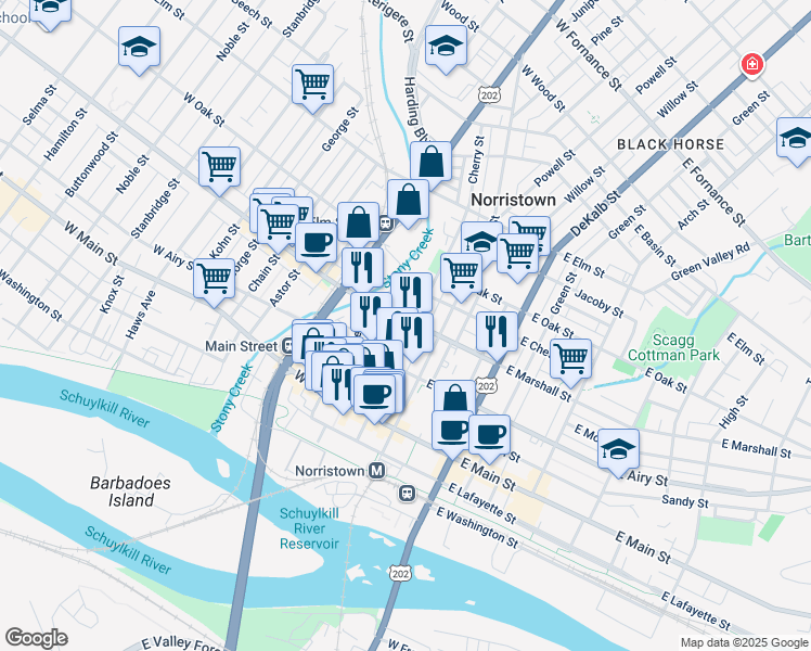 map of restaurants, bars, coffee shops, grocery stores, and more near 14W West Marshall Street in Norristown