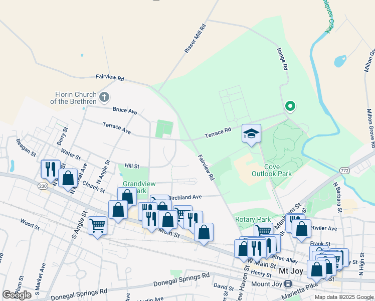 map of restaurants, bars, coffee shops, grocery stores, and more near 460 Fairview Road in Mount Joy