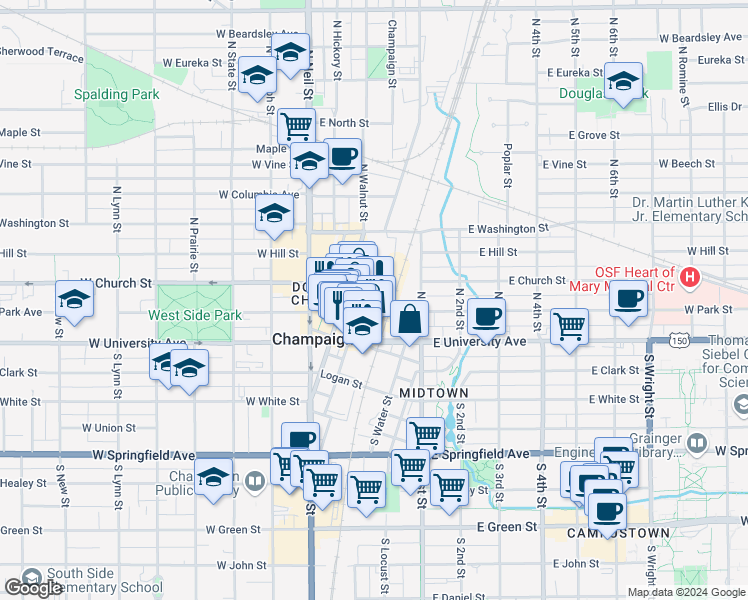 map of restaurants, bars, coffee shops, grocery stores, and more near 55 East Main Street in Champaign