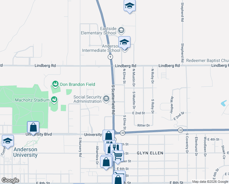 map of restaurants, bars, coffee shops, grocery stores, and more near 14 Indiana 9 in Anderson