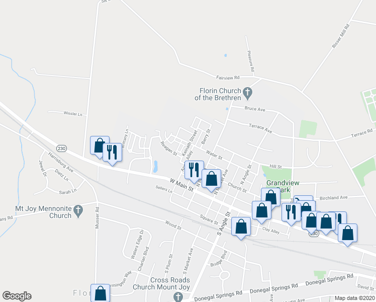 map of restaurants, bars, coffee shops, grocery stores, and more near 221 Keinath Street in Mount Joy