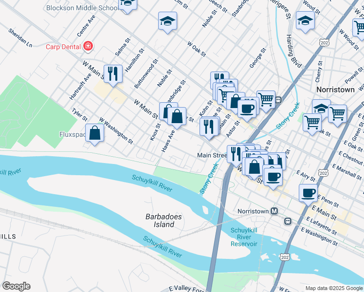 map of restaurants, bars, coffee shops, grocery stores, and more near 617 West Lafayette Street in Norristown