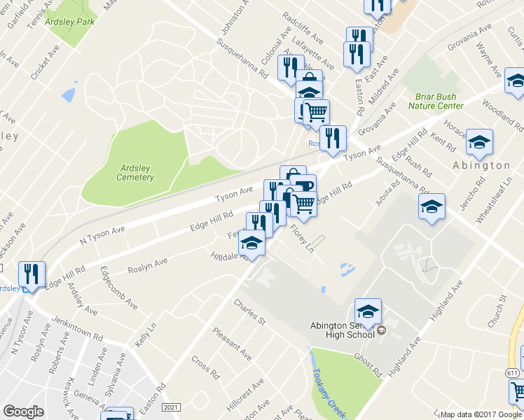 map of restaurants, bars, coffee shops, grocery stores, and more near 915 Edge Hill Road in Glenside