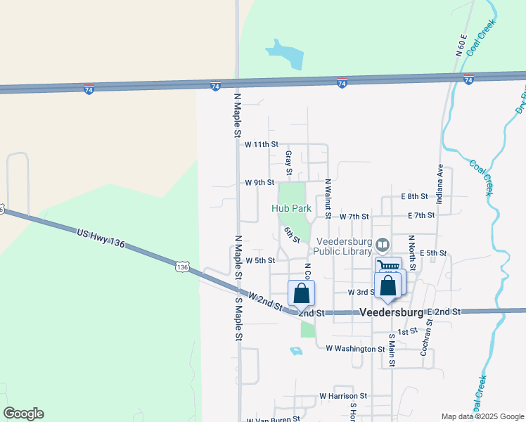 map of restaurants, bars, coffee shops, grocery stores, and more near 705 Commercial Street in Veedersburg
