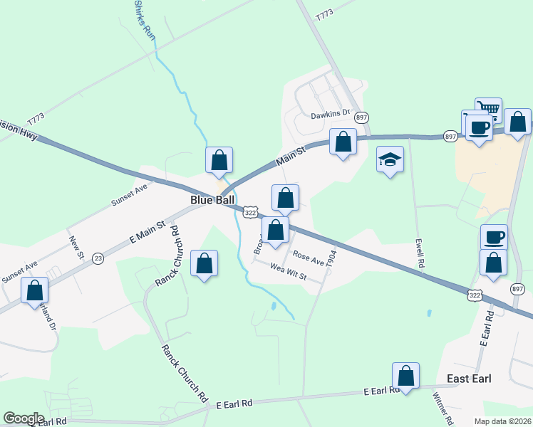 map of restaurants, bars, coffee shops, grocery stores, and more near 4263 Division Highway in East Earl