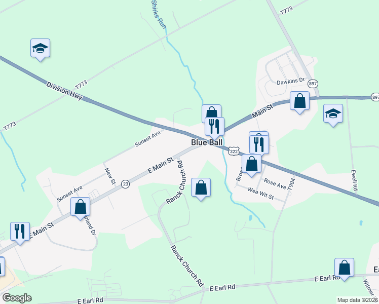 map of restaurants, bars, coffee shops, grocery stores, and more near 1076 Main Street in East Earl