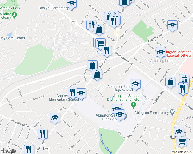 map of restaurants, bars, coffee shops, grocery stores, and more near 937 Easton Road in Abington